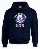 Lake Cowichan LAKERS Hockey ~ Classic Logo ~ Gildan Heavy Blend 50/50 Pullover Hooded Adult Sweatshirt *Navy Blue*